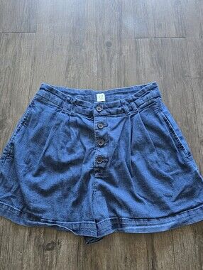 GAP x DÔEN Womens Blue Denim Shorts High Rise Pleated Button Fly 27